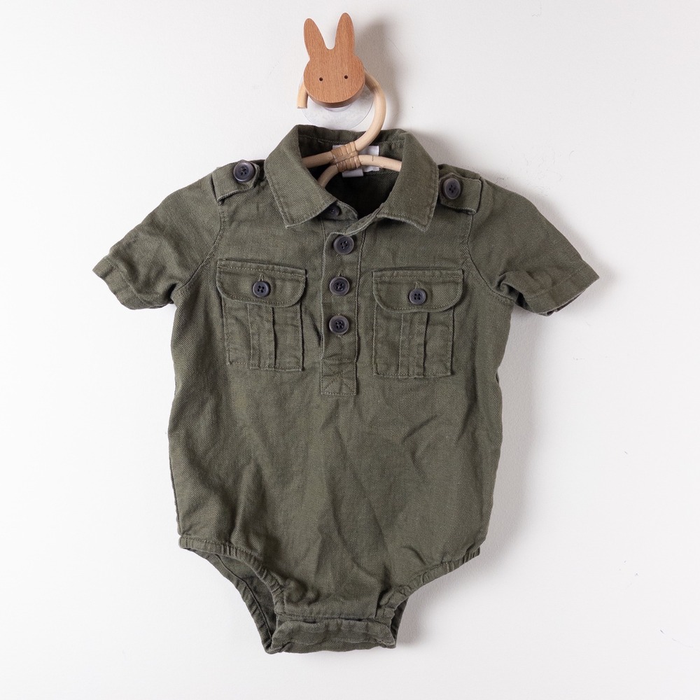 Banana Republic Romper Baby‎ 3-6M Olive Green Utility Linen Cotton Bodysuit
